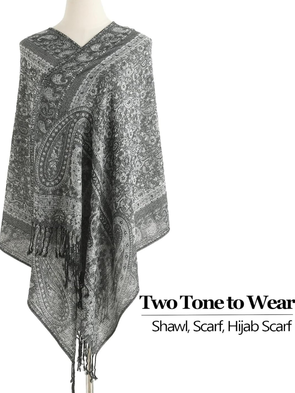 pashmina Black & White Paisley Pashmina Shawl with Fringe